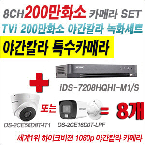 [TVI-2M] iDS7208HQHIM1/S 8CH + 하이크비전 200만화소 야간칼라 카메라 8개 SET (실내형/실외형3.6mm출고)