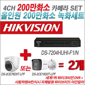 [TVI-2M] DS7204HUHIF1/N  4CH + 최고급형 200만화소 카메라 2개 SET (실내형 3.6mm 출고/실외형 품절)