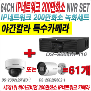 [IP-2M] DS9664NII16 64CH + 하이크비전 200만화소 야간칼라 IP카메라 61개 SET (실내형 /실외형 4mm 출고)