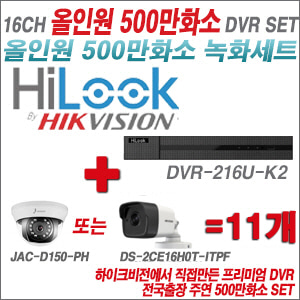 [올인원-5M] DVR216UK2 16CH + 하이크+주연전자 500만화소 올인원 카메라 11개세트 (실내형3.6mm/실외형2.8mm)