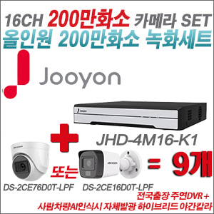 [TVI-2M] JHD4M16K1 16CH + 최고급형 200만화소 카메라 9개 SET (실내형 3.6mm 출고/실외형 품절)