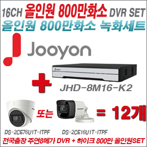 [올인원-8M] JHD8M16K2 16CH + 하이크비전 800만화소 정품 카메라 12개 SET (실내형3.6mm/실외형6mm 출고)