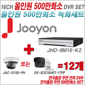 [올인원-5M] JHD8M16K2 16CH + 하이크+주연전자 500만화소 올인원 카메라 12개 SET (실내형3.6mm/실외형2.8mm)