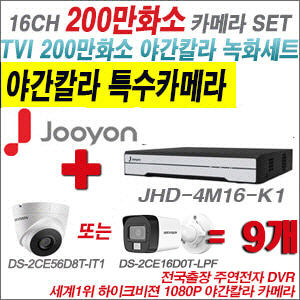[TVI-2M] JHD4M16K1 16CH + 하이크비전 200만화소 야간칼라 카메라 9개 SET (실내형/실외형3.6mm출고)