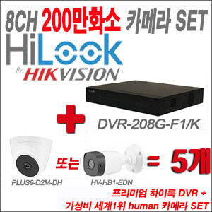 [올인원-2M] DVR208GF1/K  8CH + HUMAN 200만화소 카메라 5개 SET(실내형2.8mm/실외형3.6mm 출고)