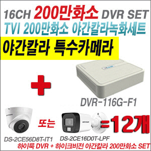 [TVI-2M] DVR116GF1 16CH + 하이크비전 200만화소 야간칼라 카메라 12개 SET (실내형/실외형3.6mm출고)