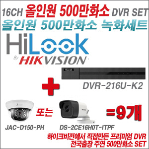 [올인원-5M] DVR216UK2 16CH + 하이크+주연전자 500만화소 올인원 카메라 9개세트 (실내형3.6mm/실외형2.8mm)