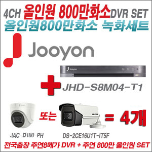 [올인원-8M] JHDS8M04T1 4CH + 주연전자 800만화소 올인원 카메라 4개 SET (실내형3.6mm/실외형6mm렌즈출고)