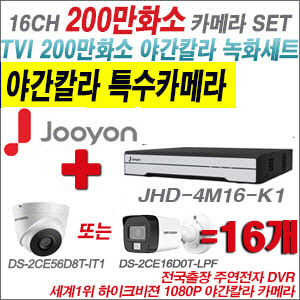 [TVI-2M] JHD4M16K1 16CH + 하이크비전 200만화소 야간칼라 카메라 16개 SET (실내형/실외형3.6mm출고)